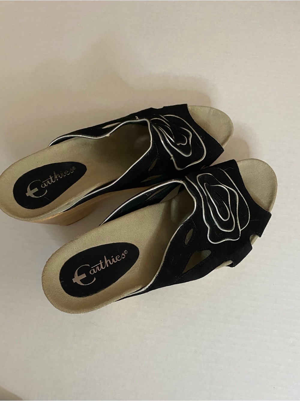 Earthies Black Open-Toe Wedge Mules with Floral Applique